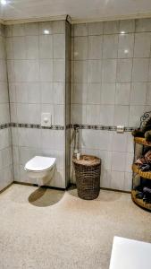 ein Badezimmer mit Toilette und Glasdusche in der Unterkunft Skap Opplevelser! in Svingvoll + 43 Fotos