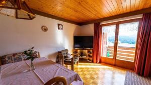 a bedroom with a bed and a tv and a window at Ferienwohnung Haus Kipfen In Sibratsgfäll in Sibratsgfäll