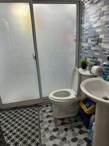 um banheiro com chuveiro, vaso sanitário e pia em Soglad Transient House em San Juan