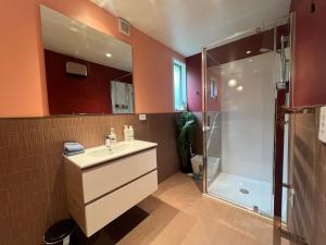 ein Badezimmer mit Waschbecken und Dusche in der Unterkunft El Gran - Quiet, Central & Scenic Apartment in Wanaka + 25 Fotos