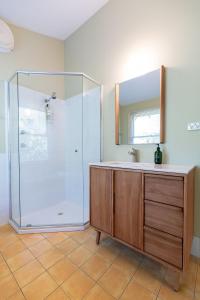 温特沃斯瀑布Graylyn House Wentworth Falls Blue Mountains的浴室里有淋浴、洗手池和镜子。 更多21张照片