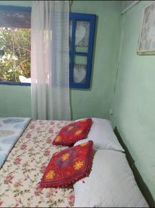 ein Schlafzimmer mit einem Bett mit zwei Kissen und einem Fenster in der Unterkunft De Sol a Sol in Barra de Valizas