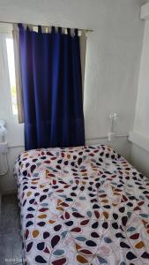 ein Bett in einem Schlafzimmer mit einem blauen Vorhang in der Unterkunft lo de andres y marina in Arroyo de Los Patos