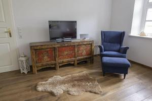 een woonkamer met een tv en een stoel en een tapijt bij Inselhaus 313 in Baltrum