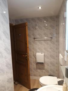 a bathroom with a toilet and a shower at Ferienhaus Würzgarte in Ürzig