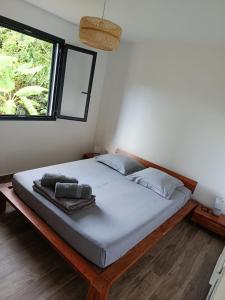 un lit dans une chambre avec une grande fenêtre dans l'établissement Villa 4 étoiles Bon Air, à Bouillante 35 autres photos