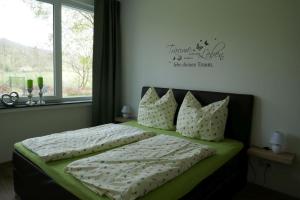 ein Schlafzimmer mit einem Bett mit Kissen und einem Fenster in der Unterkunft Suite Am Radweg in Pittenbach
