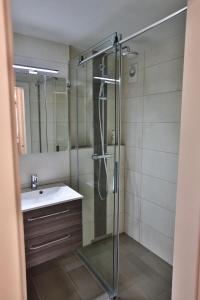 a bathroom with a glass shower and a sink at Weiherhof in Wildhaus