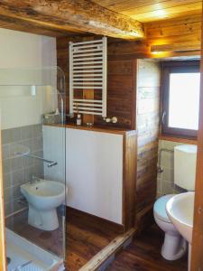 ein Bad mit einer Glasdusche, einem WC und einem Waschbecken in der Unterkunft Stone Mountain Cabin Overlooking Ala Valley in Alo di Stura + 20 Fotos