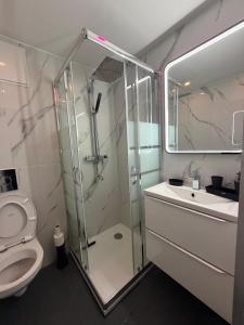 ein Badezimmer mit Dusche, Toilette und Waschbecken in der Unterkunft Love 2 avec Jacuzzi in Cap d'Agde + 26 Fotos