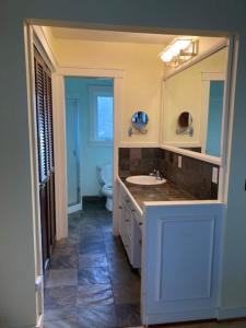 ein Badezimmer mit Waschbecken und Spiegel in der Unterkunft Hot Tub & Pizza Oven Spacious family farm house in Dolphin + 65 Fotos