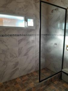 a shower with a glass door in a bathroom at Cabañas Los Teros in Aluminé