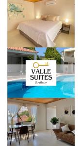 uma colagem de fotos de um quarto e de uma casa com piscina em Valle Suites, la mejor zona em Valledupar