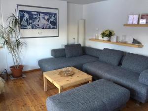 a living room with two blue couches and a table at Curtin Sot 15A in Sent