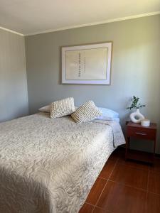 ein Schlafzimmer mit einem Bett und einem Bild an der Wand in der Unterkunft Casa el ensueño Lican Ray, a pasos de playa grande in Licán Ray