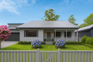 a house with a white fence and purple flowers at Peaceful Homestead Getaway - BBQ, Backyard & Farm Life in Toronto