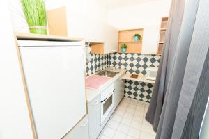 una pequeña cocina con fregadero y nevera. en Apartment Wichtelgasse, en Viena
