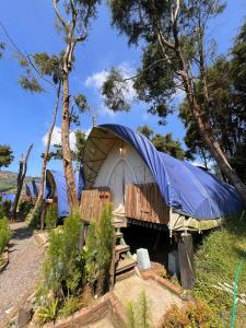 a yurt with a blue tarp on it at Dieng glamping syari'ah in Dieng +20 photos