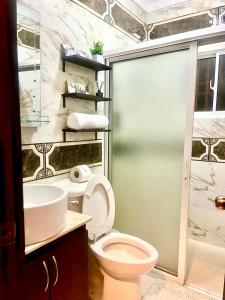 Un baño con inodoro, lavabo y ducha. en Beautiful and confortable apt, en Puerto Plata