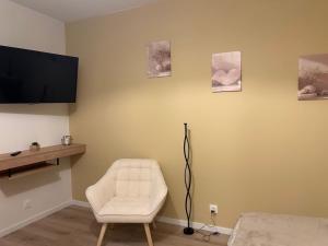 a living room with a chair and a flat screen tv at Chambre d hôtes les 2 vallées in Courgis