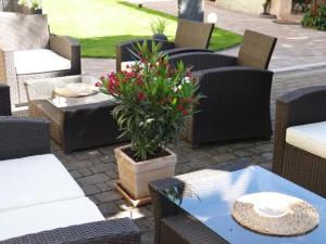 a patio with chairs and a table with a plant at Hotel Schützenhof mit Klimaanlage in Bürstadt