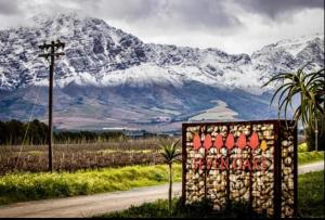 Ein Schild vor einer Straße mit einem schneebedeckten Berg in der Unterkunft Seven Oaks Vineyard Cottages in Wolseley