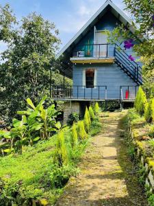 une maison bleue sur une colline avec un chemin de terre dans l'établissement Nhà Của Thùy, à Ấp Lat