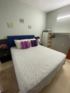 a bedroom with a large bed with purple pillows at ACOGEDOR DEPARTAMENTO para 4 personas in San Lorenzo