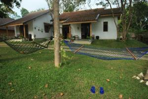 a blue hammock in the yard of a house at The Ehela in Tangalle +1 photo
