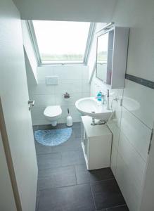 ein kleines Badezimmer mit Waschbecken und Toilette in der Unterkunft Schöne Ferienwohnung in Oberwaldbach mit Garten und Grill in Burtenbach