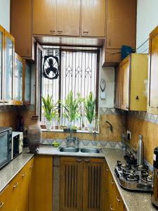 une cuisine avec un évier et une fenêtre ornée de plantes en pot dans l'établissement Dr Balis Bliss Homestay, à New Delhi