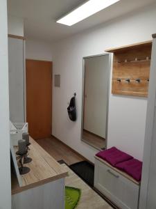 a bathroom with a sink and a mirror at Charmante Wohnung In Langfurth Mit Kleinem Balkon in Schöfweg
