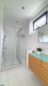 a bathroom with a glass shower and a sink at Luxuriöses Haus Der Leidenschaft in Machico