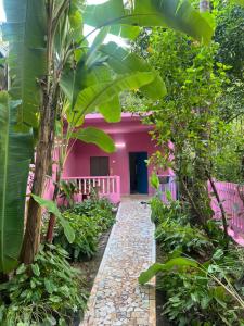 a walkway in front of a pink house with plants at The Maze House Anjuna! in Anjuna