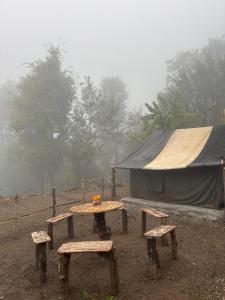 un tavolo da picnic con 2 panche e una tenda di Uddibaba a Shivpuri