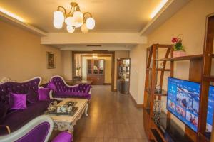 ein Wohnzimmer mit lilafarbenen Möbeln und einem Flachbild-TV in der Unterkunft Anshan Camilla Business Hotel in Anshan