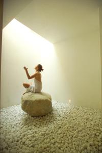 a woman sitting on a rock in a room at Hotel Blitzburg in Brunico