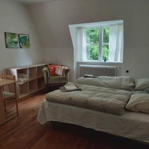 a bedroom with two beds and a chair and a window at Kongsø Homestay - room by Mette&Peter in Bryrup +43 photos