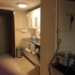 uma pequena cozinha com um lavatório e um balcão em Villa Almira em Polanica-Zdrój