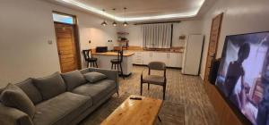 KerichoThe Beleza Suites的客厅里有一张沙发和一个厨房