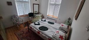 1 dormitorio con 1 cama, espejo y 2 ventanas en Modern and Old Base, en Sofía