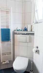 a bathroom with a white toilet and a blue towel at Romantik Ferienhaus 1854 in Elpe