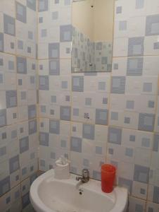 ein Badezimmer mit Waschbecken und Spiegel in der Unterkunft Kings Court in Kitengela 