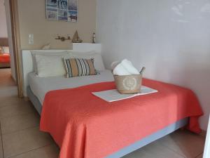 a hotel room with a bed with a red blanket at Smaragdi Studios and Rooms in Agios Kirykos