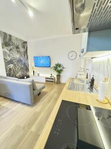 une cuisine et un salon avec un canapé et un évier dans l'établissement ELIOS LIVING - Modern comfort, private parking, near center & 200m from the beach, à Bordighera