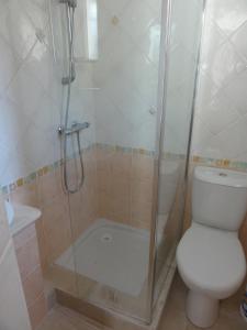 ein Bad mit einer Dusche, einem WC und einer Duschkabine aus Glas in der Unterkunft SIANDAKI NID D AMOUR AVEC JACUZZI in La Motte + 35 Fotos