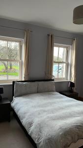 a bed in a bedroom with two windows at Kilohill House in Ballyvaughan