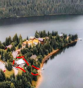 an aerial view of a house on an island in a lake at Panoramic Belis Fantanele in Beliş