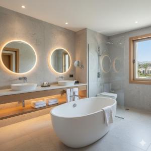 沙姆沙伊赫Prime Delta Sharm El Sheikh Resort的带浴缸、两个水槽和镜子的浴室