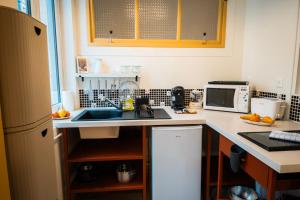 eine Küche mit Spüle und Mikrowelle in der Unterkunft Le Madeleine - Central - Elegant - Cozy - By Primo in Caen